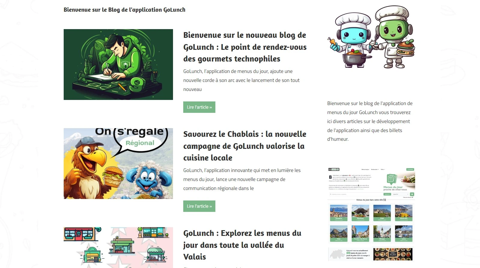 Aperçu des articles du blog GoLunch à l'écran
