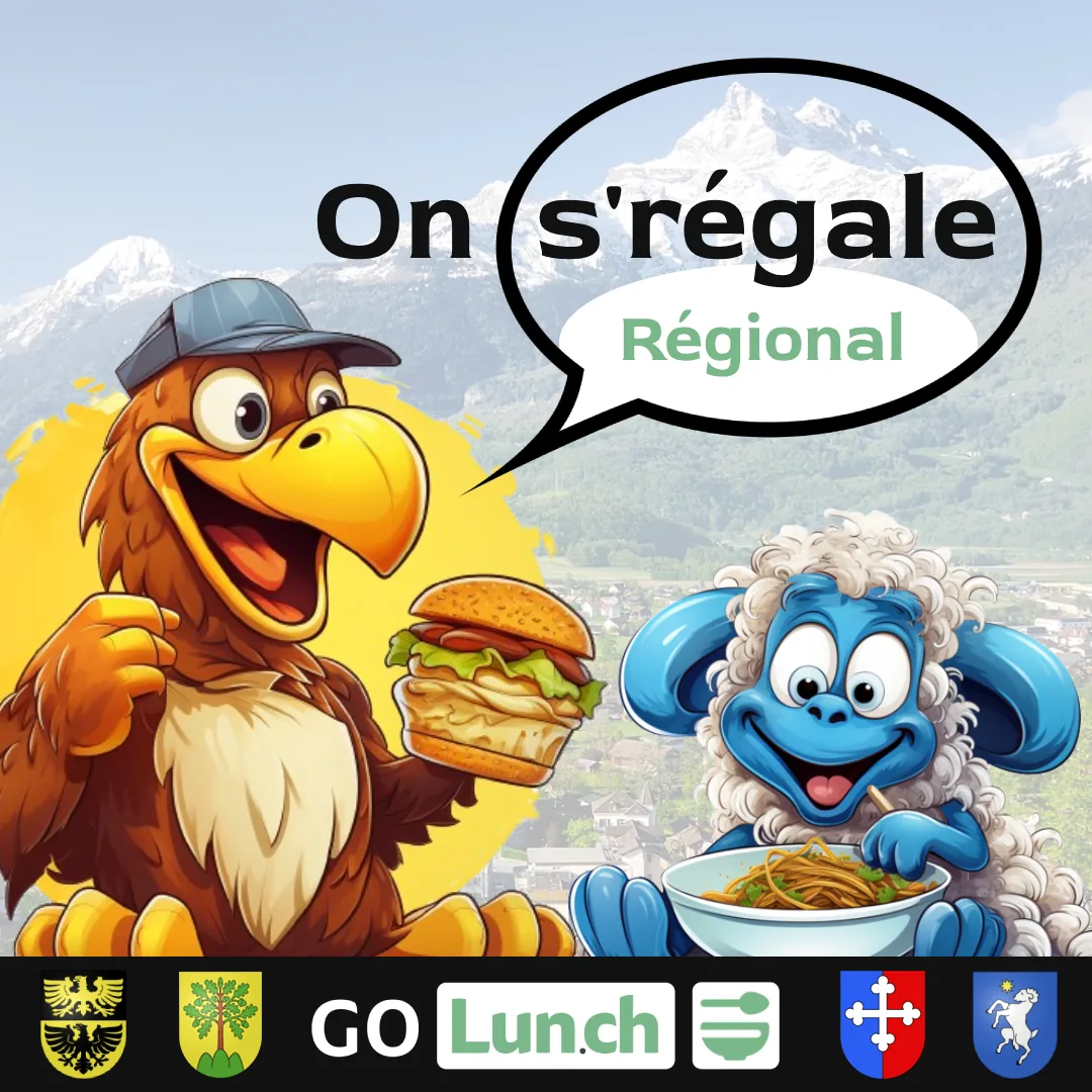 Affiche On se régale régional : l'aigle d'Aigle et le bélier de Bex attablés devant la vallée du Chablais