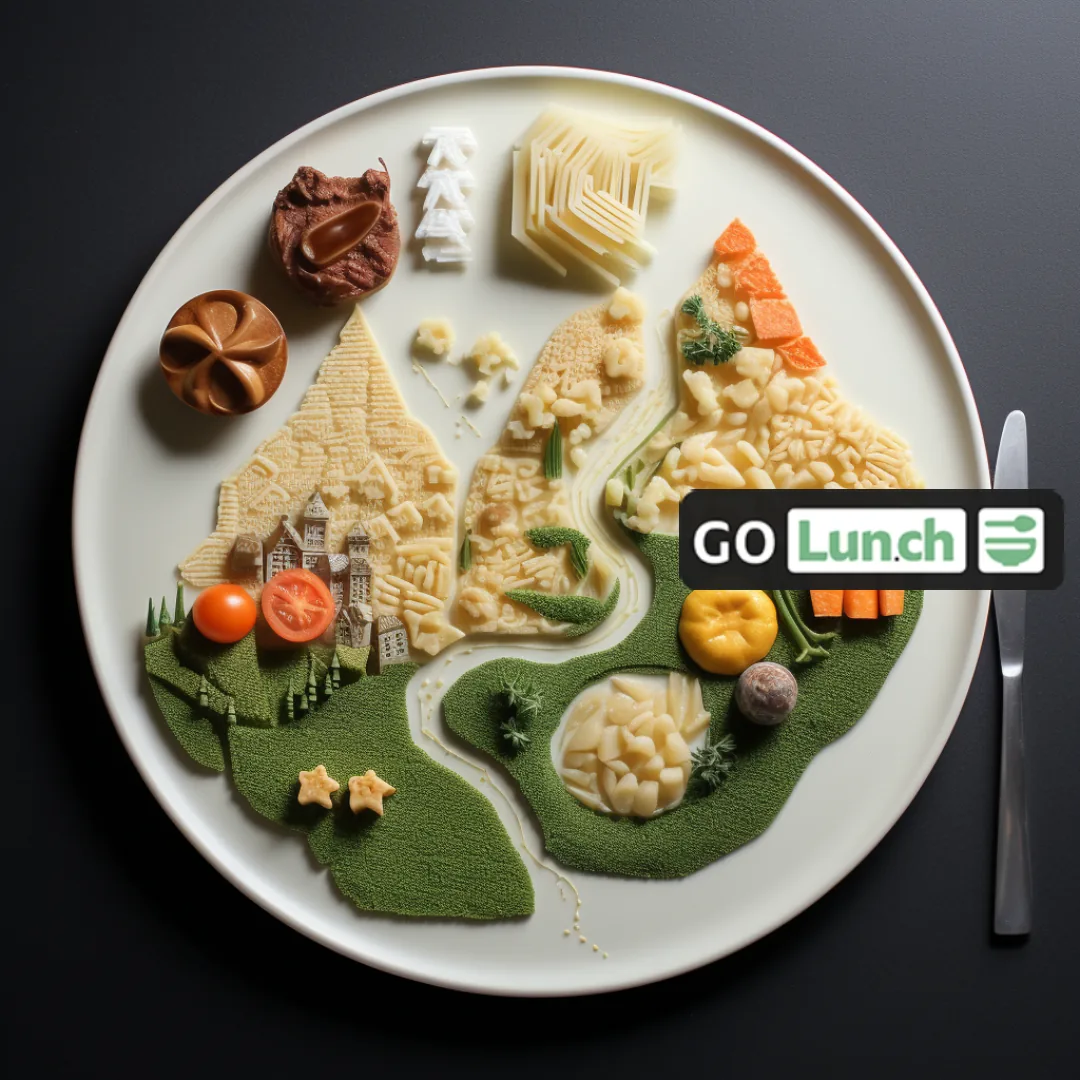 Affiche GoLunch : assiette de spécialités suisses entourée de motifs inspirés de la nature, loupe et logo