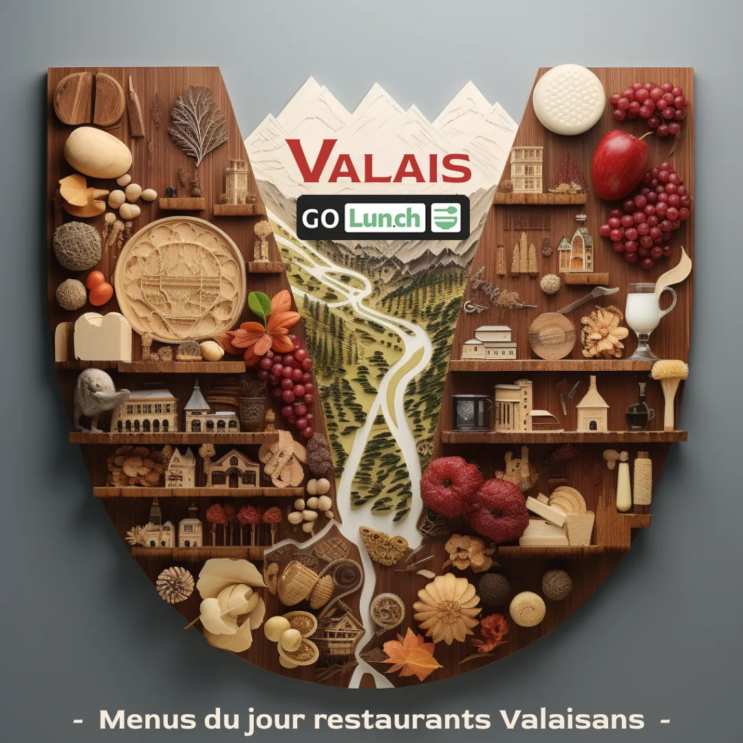 Illustration façon bois sculpté : paysage valaisan et logo GoLunch