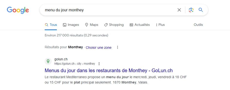 Résultat de recherche Google : GoLunch premier sur menu du jour à Monthey
