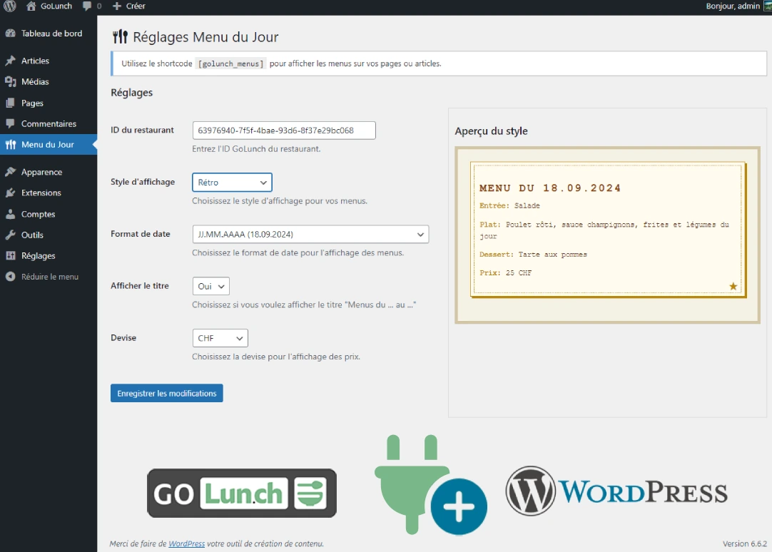 Panneau d'administration du plugin WordPress Menu du jour