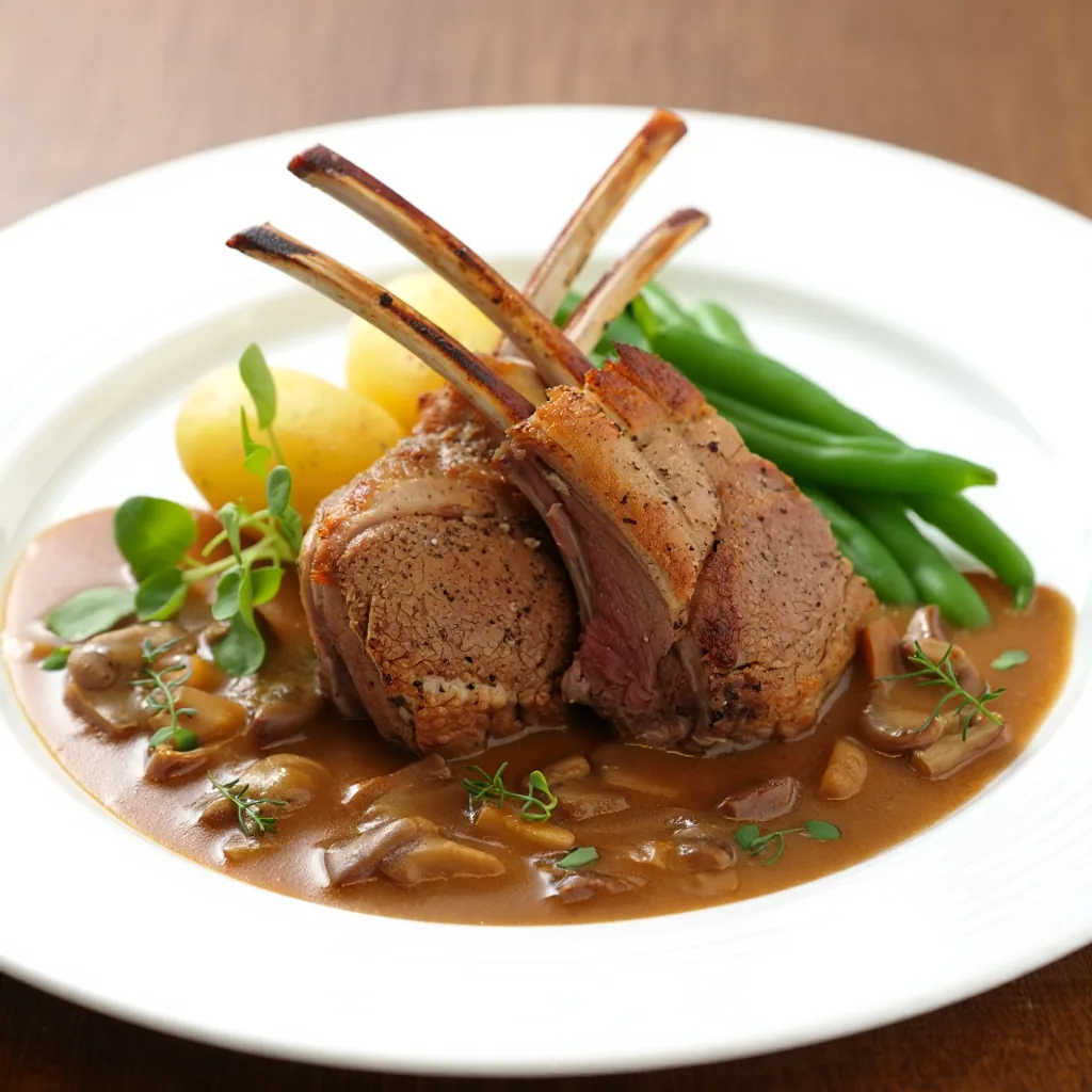Assiette dressée : côtelettes d'agneau nappées de sauce aux champignons, pommes vapeur et haricots verts