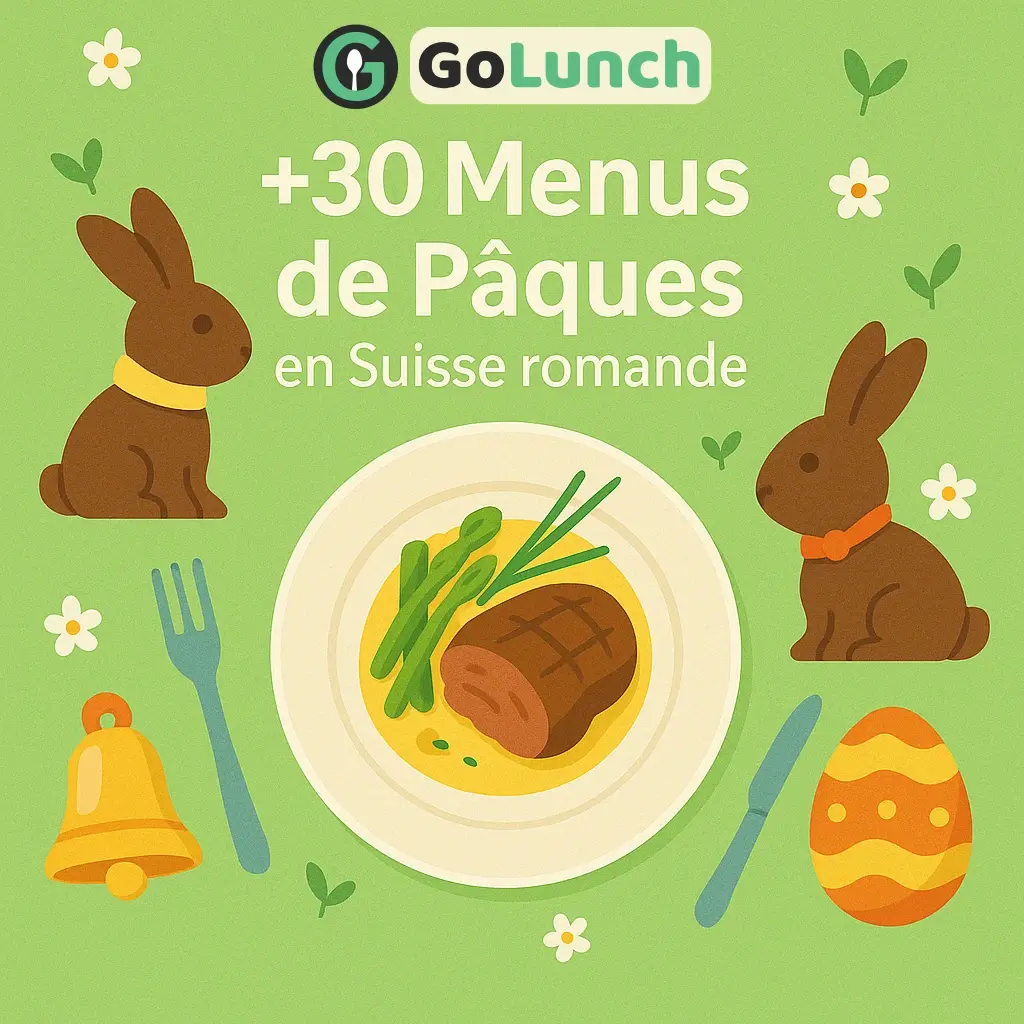 Illustration des menus de Pâques en Suisse romande sur GoLunch : gigot rôti, lapins et œufs de Pâques