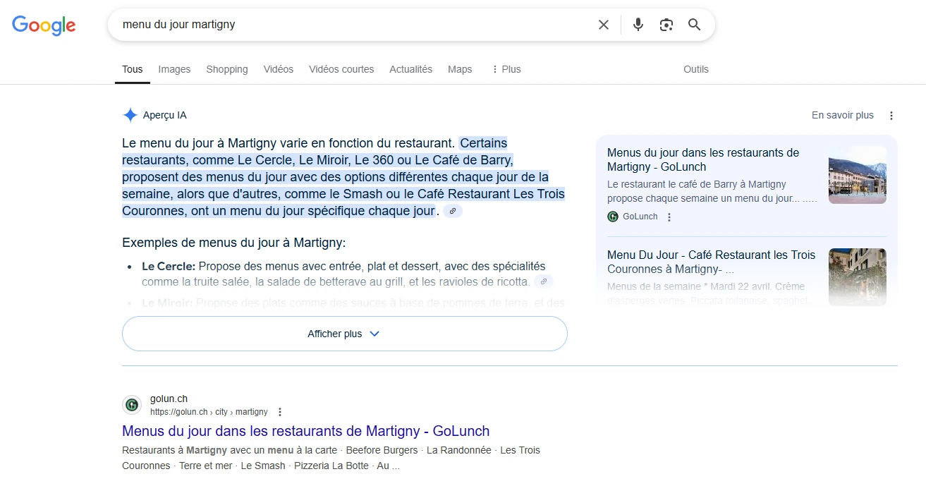 Capture d'écran de l'Aperçu IA de Google avec GoLunch comme premier lien mentionné