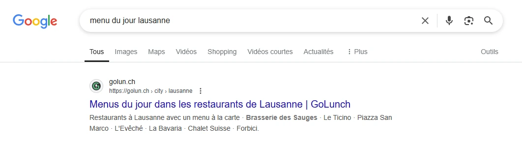 Résultats Google classiques pour menu du jour Lausanne, GoLunch en première position
