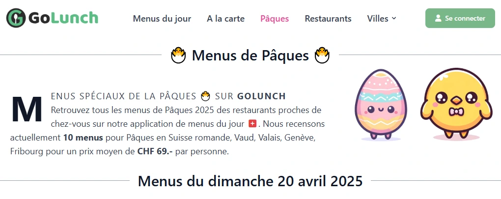 Capture d'écran de la page des menus de Pâques sur GoLunch