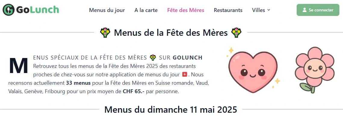 Page des menus de la Fête des Mères sur GoLunch