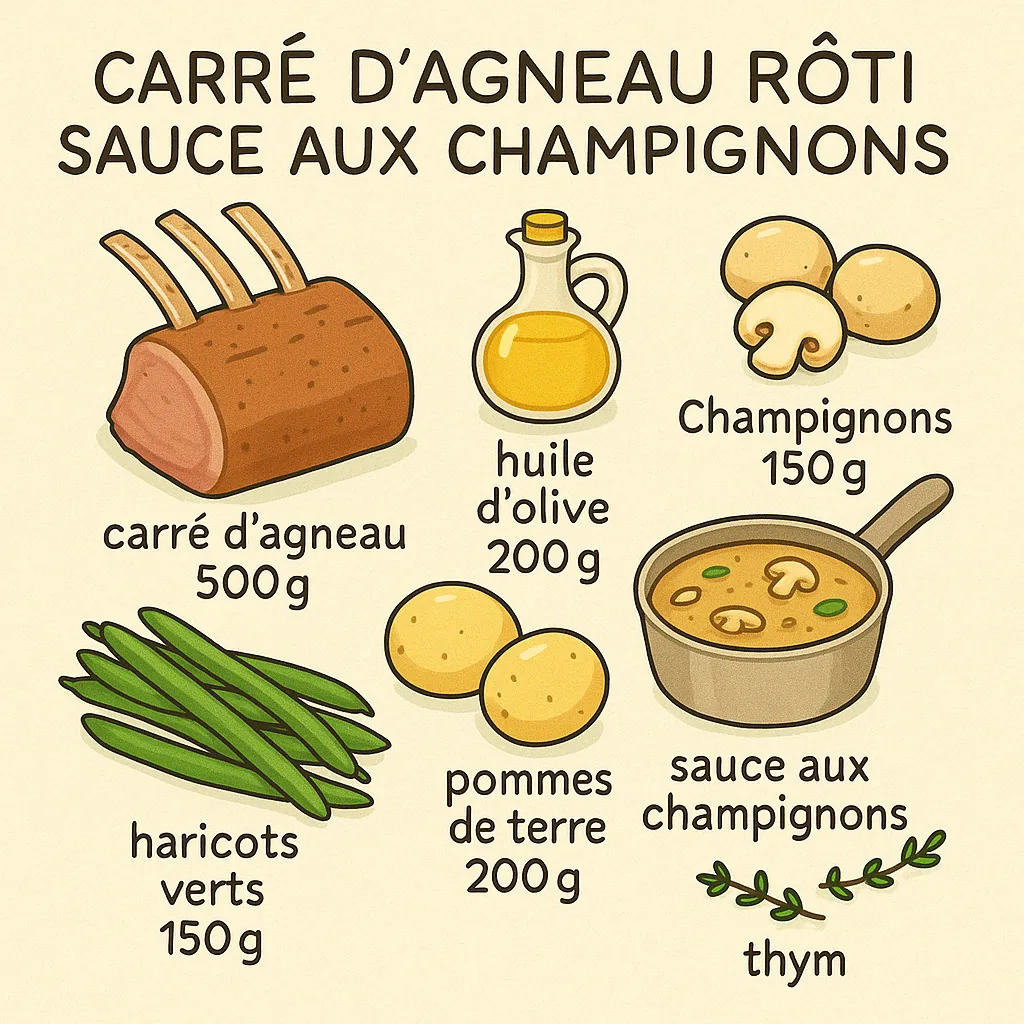 Carré d'agneau cru entouré de ses ingrédients : champignons, huile d'olive, pommes de terre et haricots verts