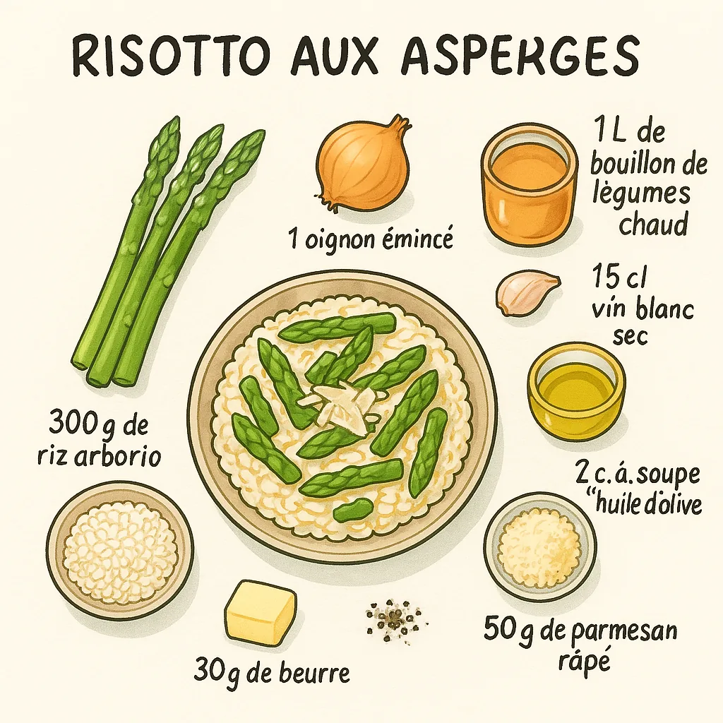 Risotto aux asperges vertes entouré de ses ingrédients