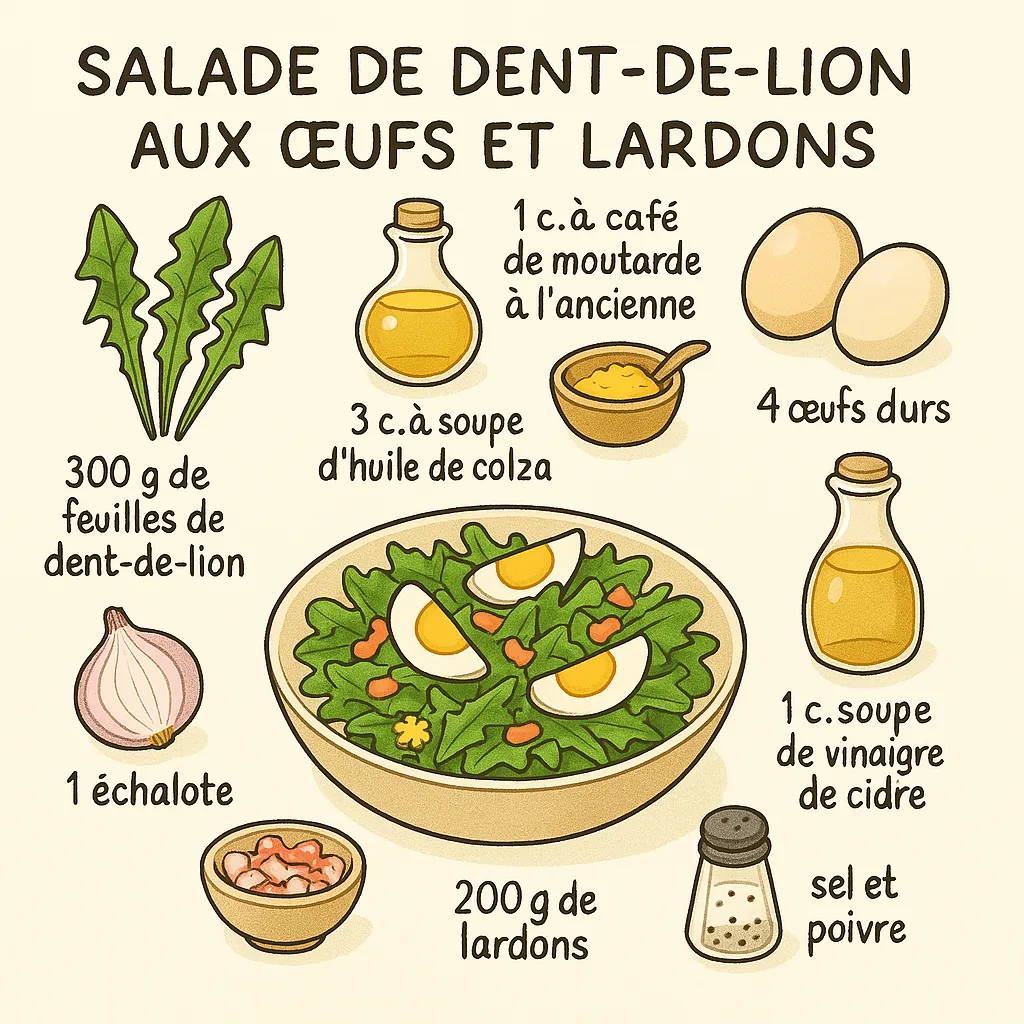 Ingrédients de la salade de dent-de-lion : feuilles fraîches, œufs, lardons et vinaigrette
