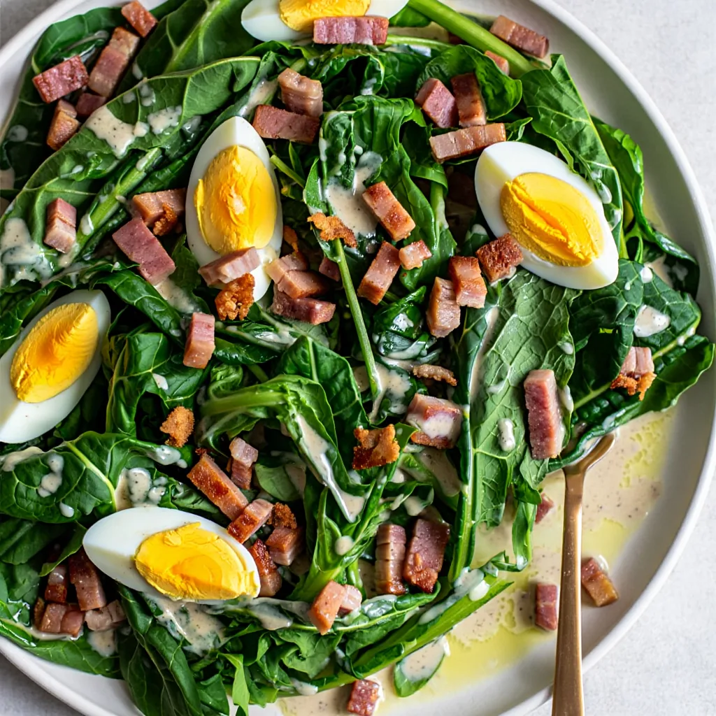 Salade de dent-de-lion dressée avec œufs durs et lardons dorés