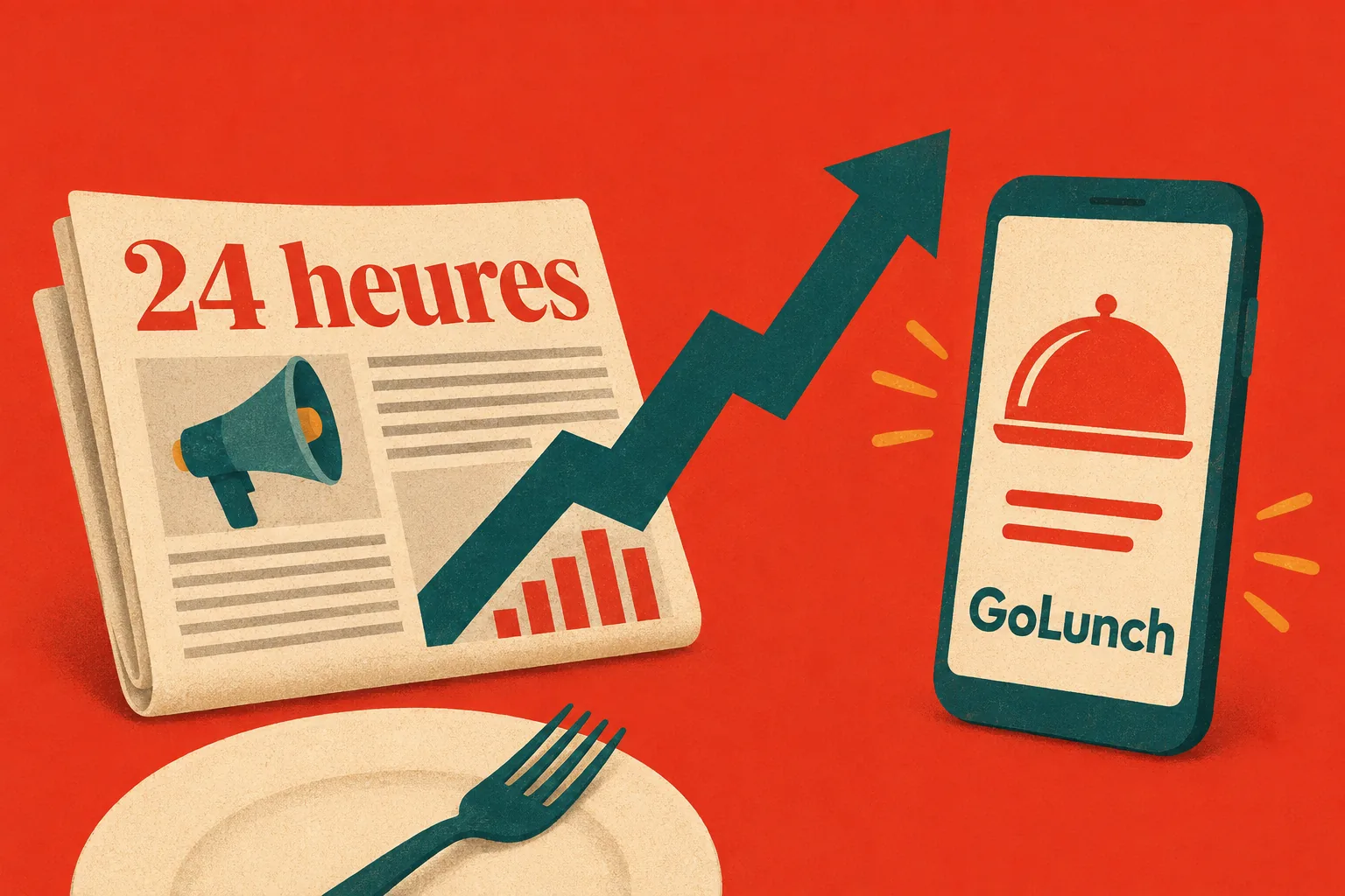 Illustration : la une du journal 24 heures, une flÚche qui grimpe et un téléphone ouvert sur GoLunch