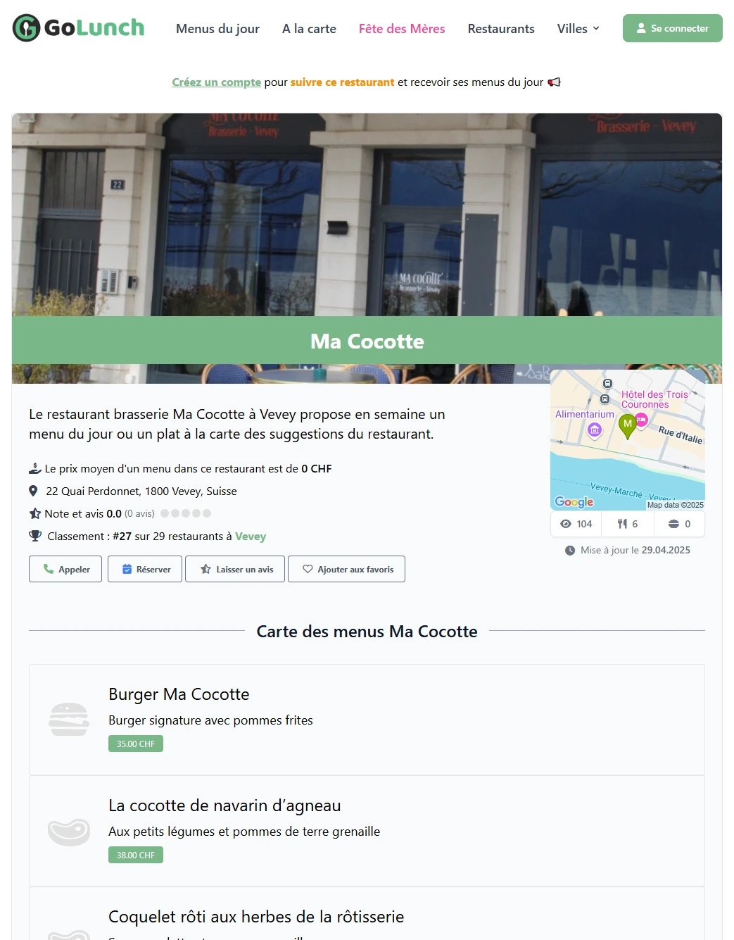 Fiche du restaurant Ma Cocotte Ă Vevey sur GoLunch : carte, photos et infos pratiques