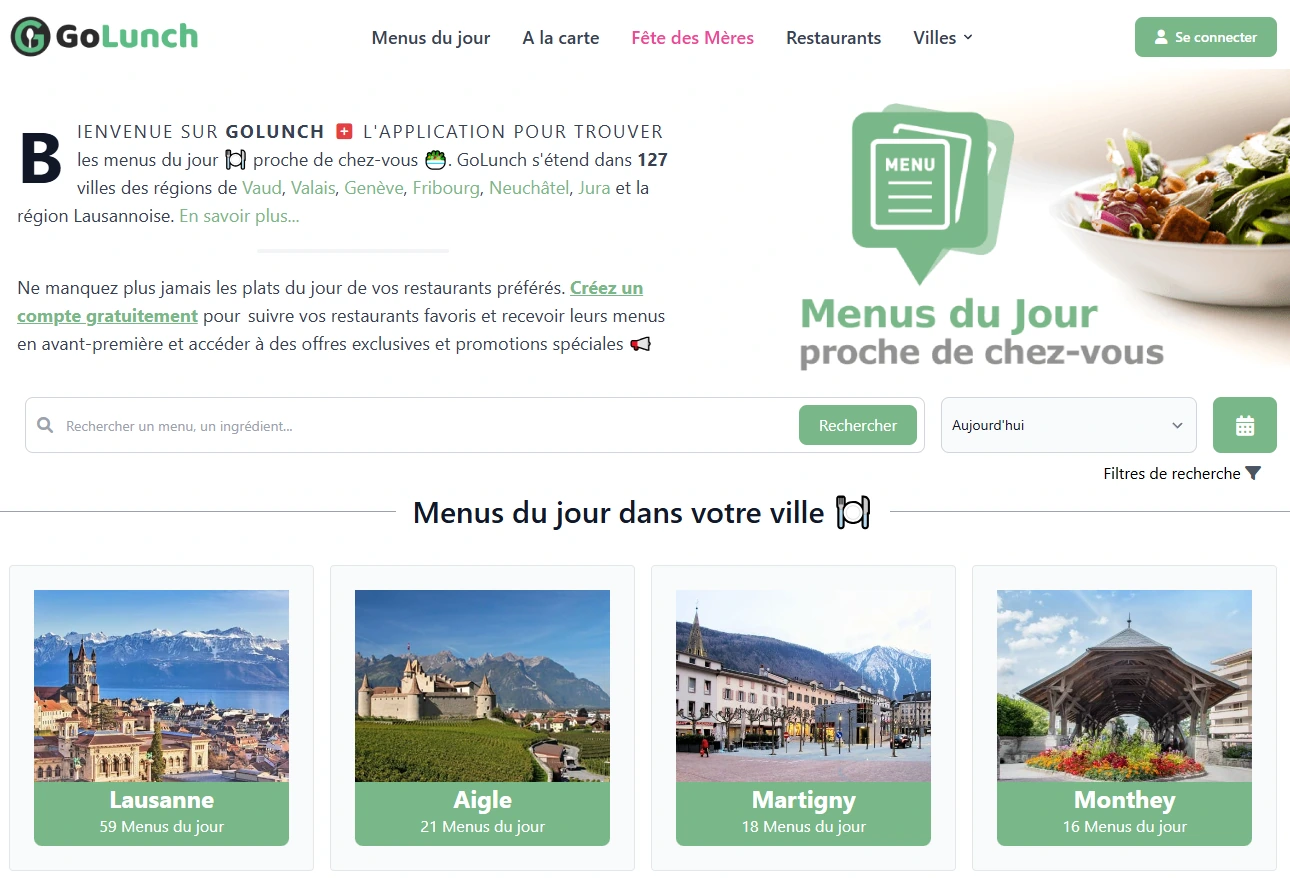 Page d'accueil de GoLunch avec les menus du jour du moment