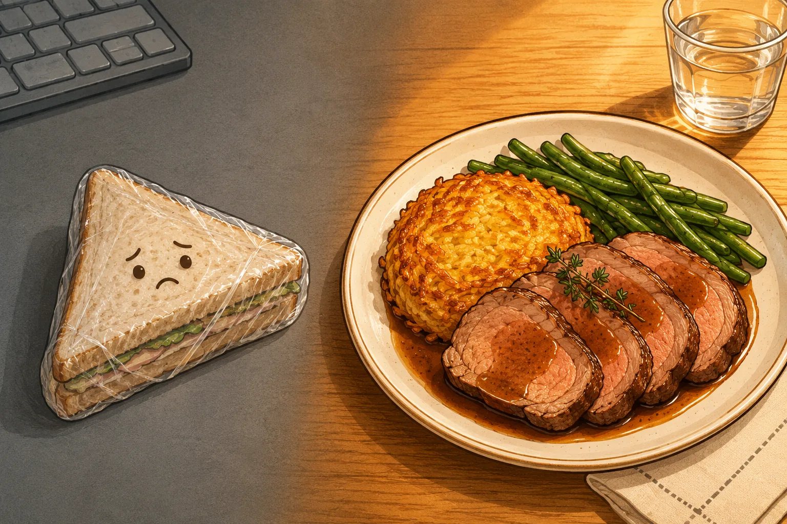 Un sandwich triste sous cellophane sur un bureau gris face à un plat du jour généreux sur une table de bistrot : rôti, rösti et haricots verts