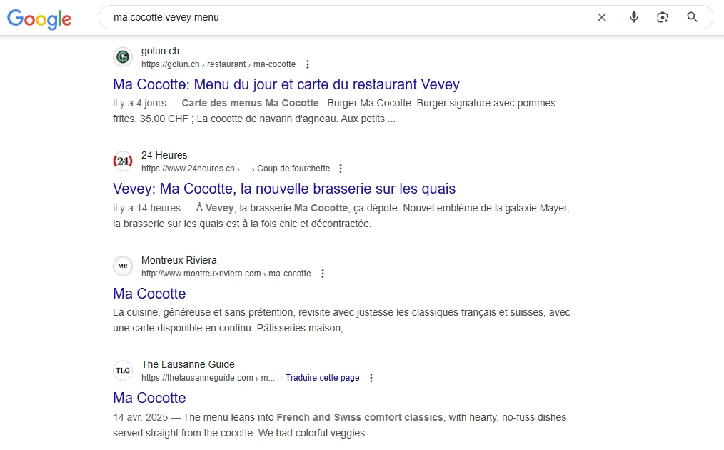 Recherche Google menu Ma Cocotte Vevey : la fiche GoLunch en tĂȘte des rĂ©sultats