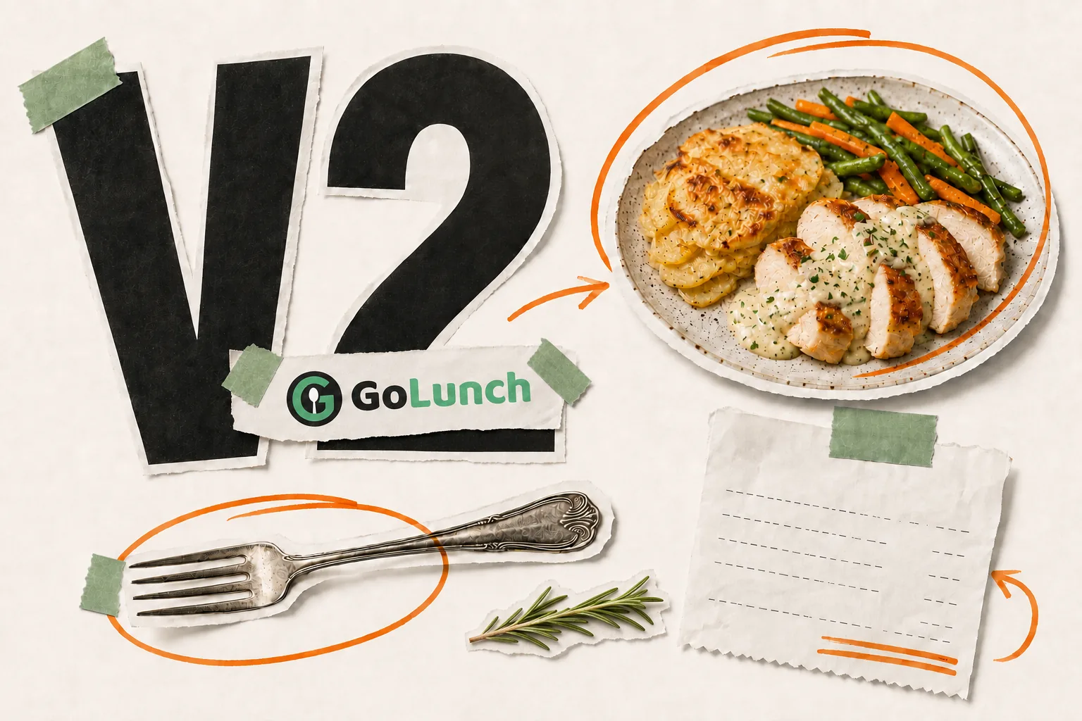 Collage GoLunch V2 : lettres V2 découpées, logo GoLunch scotché, assiette de plat du jour et fourchette annotées au marqueur orange