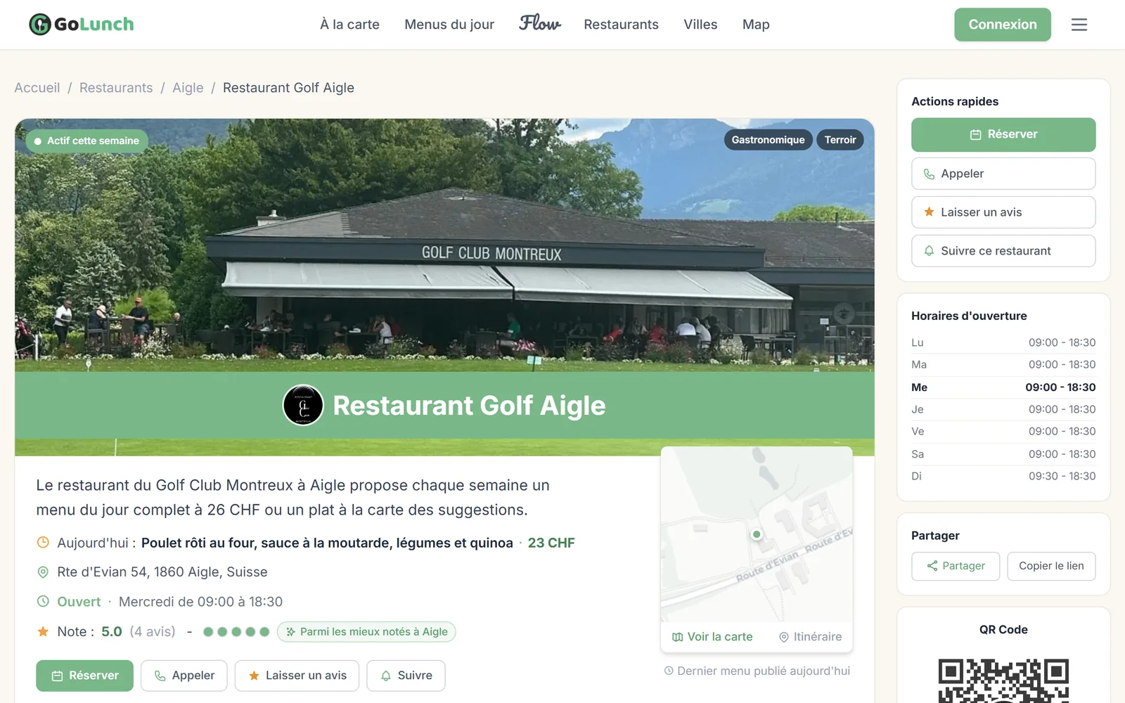 Fiche du Restaurant Golf Aigle sur GoLunch : photo, logo, menu du jour, note des avis, horaires d'ouverture et actions rapides