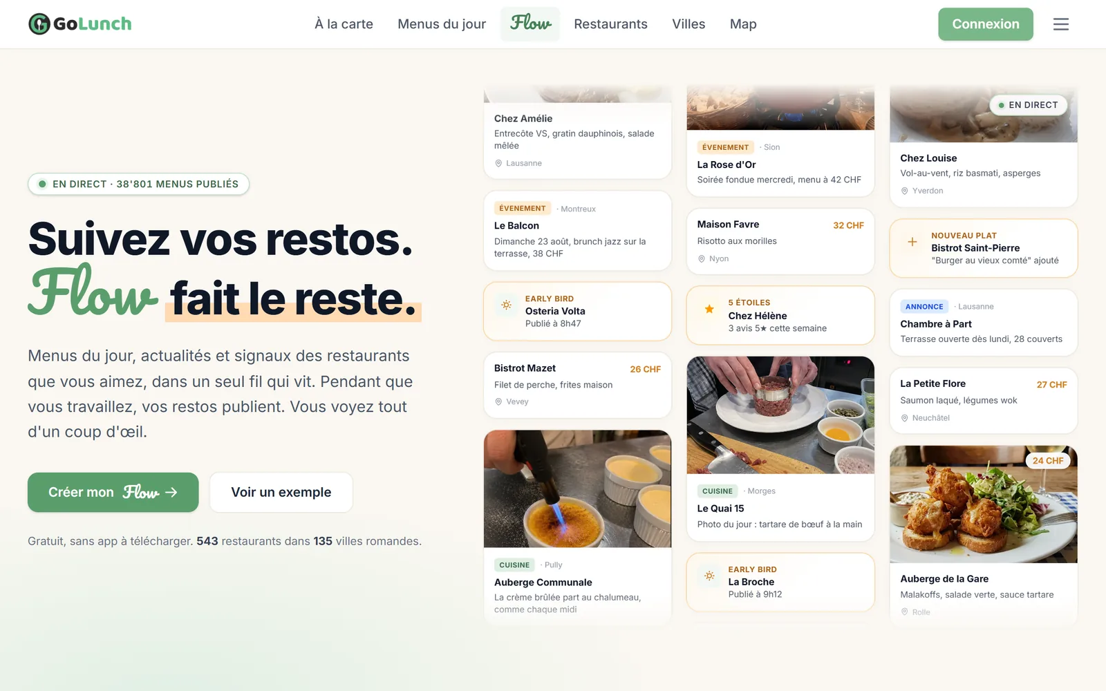 Page de présentation de Flow sur GoLunch : Suivez vos restos, Flow fait le reste, avec un aperçu du fil personnel