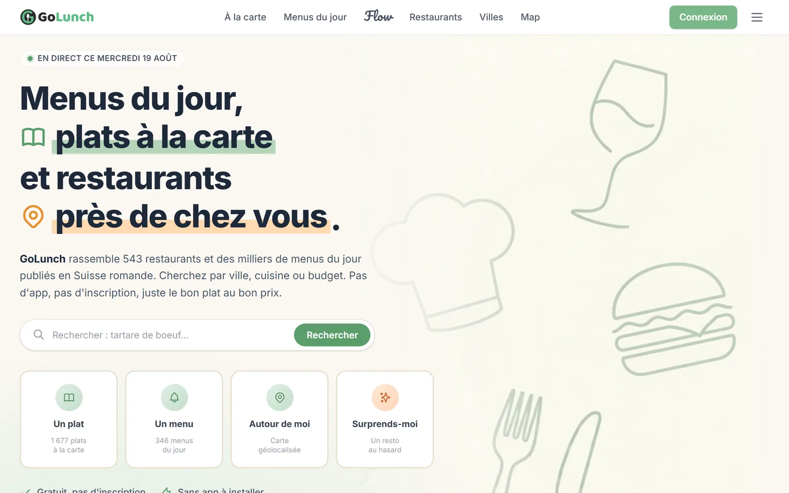 Page d'accueil de GoLunch V2 : recherche de plats, menus du jour et raccourcis Un plat, Un menu, Autour de moi, Surprends-moi