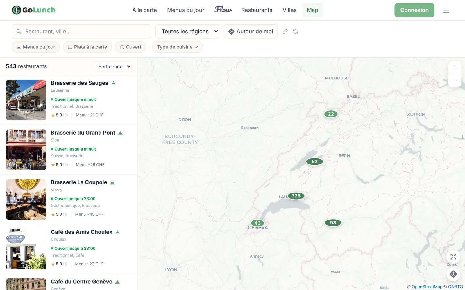Carte interactive GoLunch : liste des restaurants à gauche et carte de la Suisse romande avec les compteurs par zone