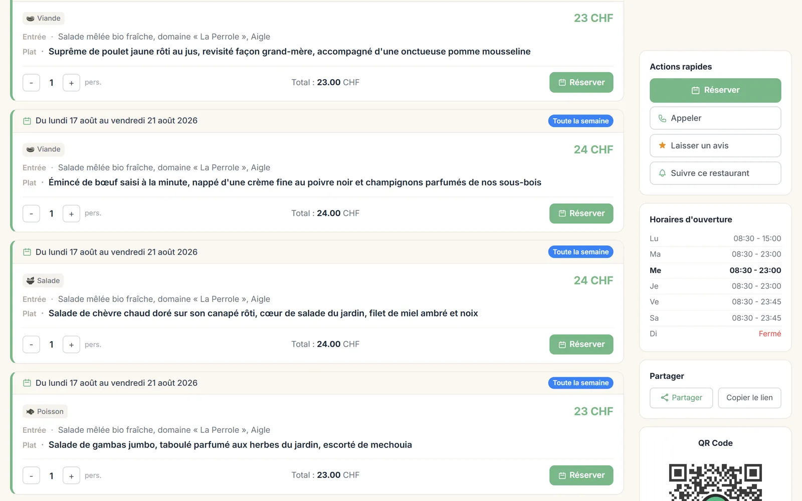 Menus de la semaine sur une fiche restaurant GoLunch, chacun avec son prix et son bouton Réserver