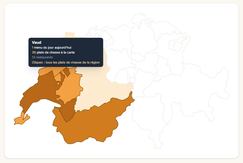 Carte de la Suisse romande sur la page de la chasse : les régions teintées en orange selon le nombre de plats, avec l’infobulle de la région de Vaud : 1 menu du jour aujourd’hui, 36 plats de chasse à la carte, 13 restaurants