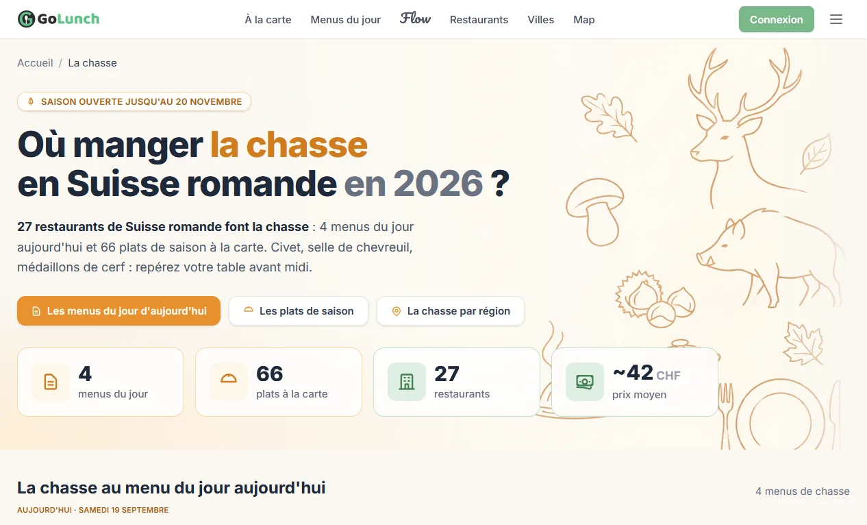 Page La chasse de GoLunch : Où manger la chasse en Suisse romande en 2026, avec les compteurs de menus du jour, de plats à la carte et de restaurants